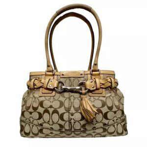 Coach Hampton F15665 Signature Logo Canvas Khaki Braided Leather Handbag Vintage